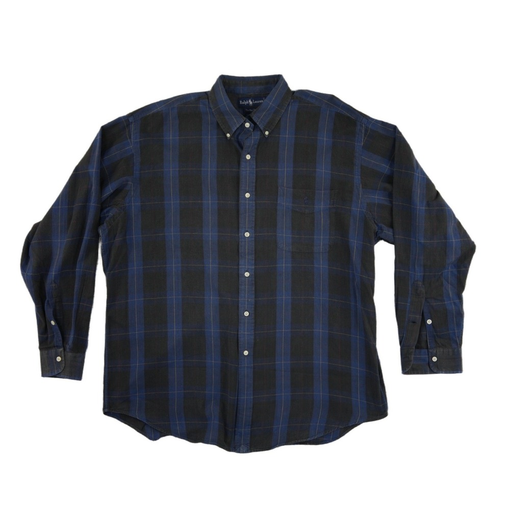 Ralph Lauren Button Down The Big Shirt Men's Size Large Blue Black Plaid‎ Cotton